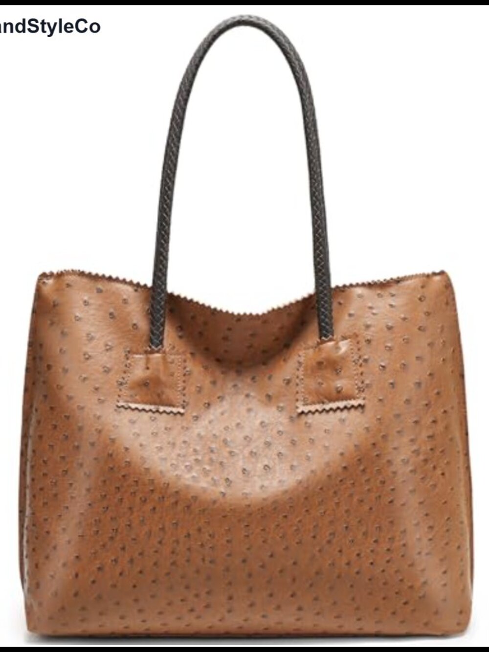 Large Ostrich Pattern Vegan Leather Tote Bag with Pouch Braided Handles